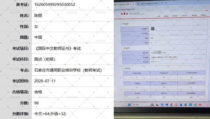学员成绩截图,成绩均来自汉考国际官方查询系统,可通过准考证号核验